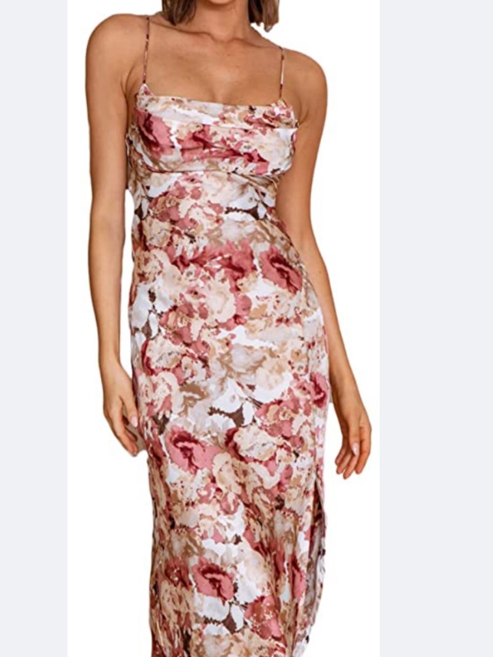 Floral Satin Slip Dress - Champagne Pink